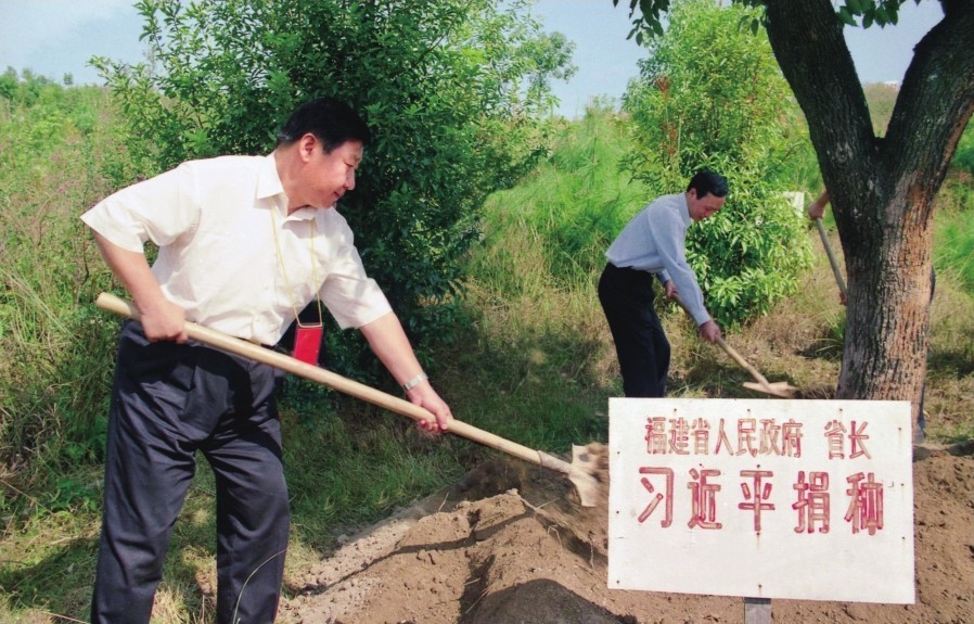 2001年10月，習近平在龍巖市長(cháng)汀縣調研水土流失治理工作，在河田世紀生態(tài)園為樹(shù)培土。圖源：《習近平在福建（下）》