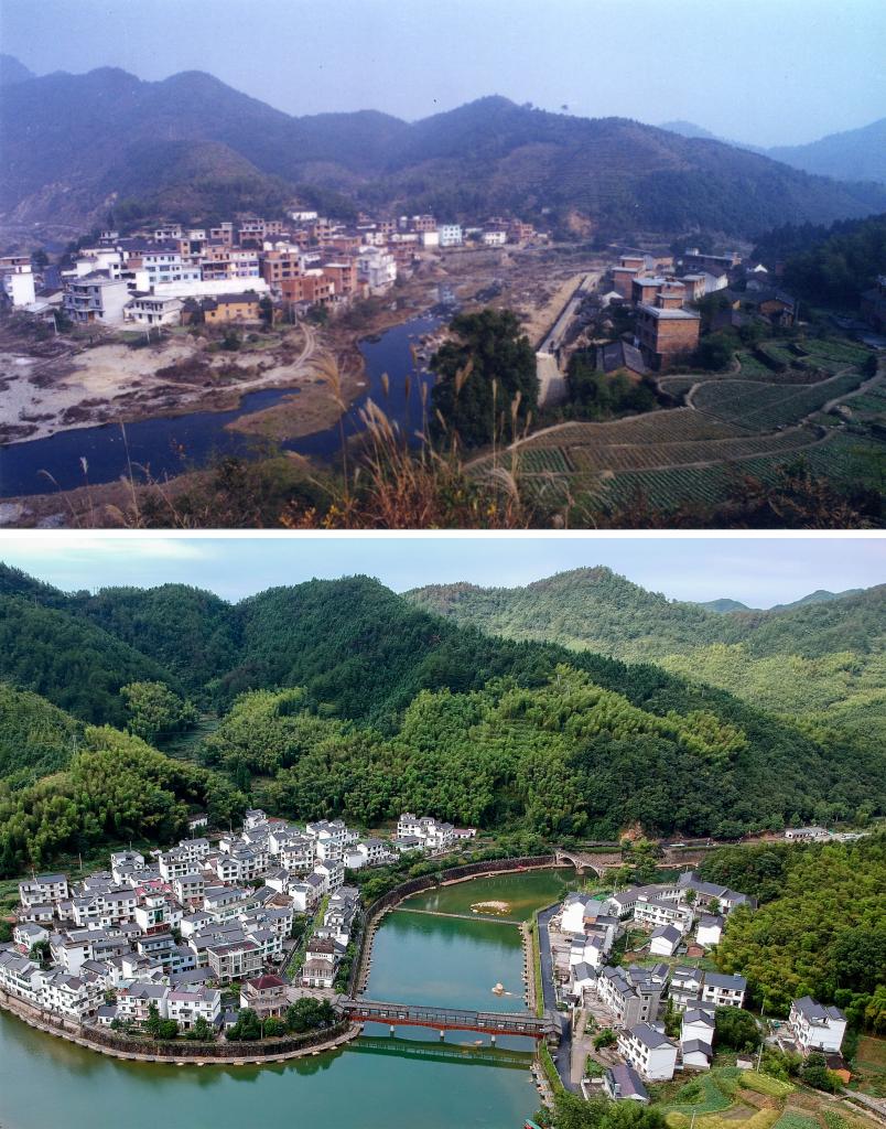圖為浙江省杭州市淳安縣楓樹(shù)嶺鎮下姜村拼版圖，其中上圖為資料照片、下圖由新華社記者張鋮攝。